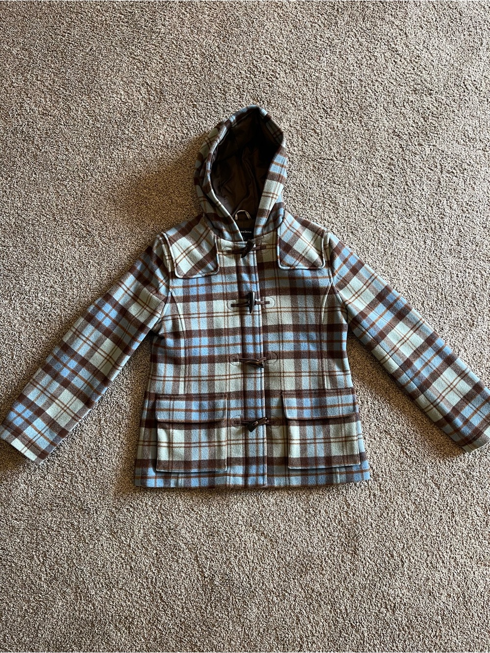 Lands' End Hooded Plaid Toggle Pea Coat in Brown and Light Blue Size Small
